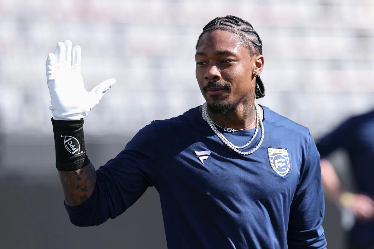 Stefon Diggs attends the Practice and Press Conferences during the Fanatics Flag Football Classic at BMO Stadium on March 20, 2026 in Los Angeles, California.