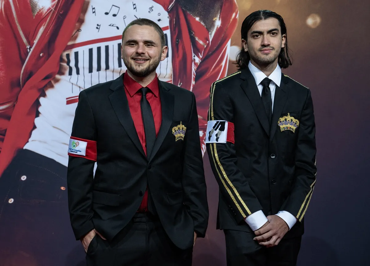Bigi 'Blanket' Jackson (R) and Prince Jackson, pose for photogaphers as they arrive on the red carpet for the world premiere of the Michael Jackson biopic "Michael" at the Uber Eats Music Hall in Berlin