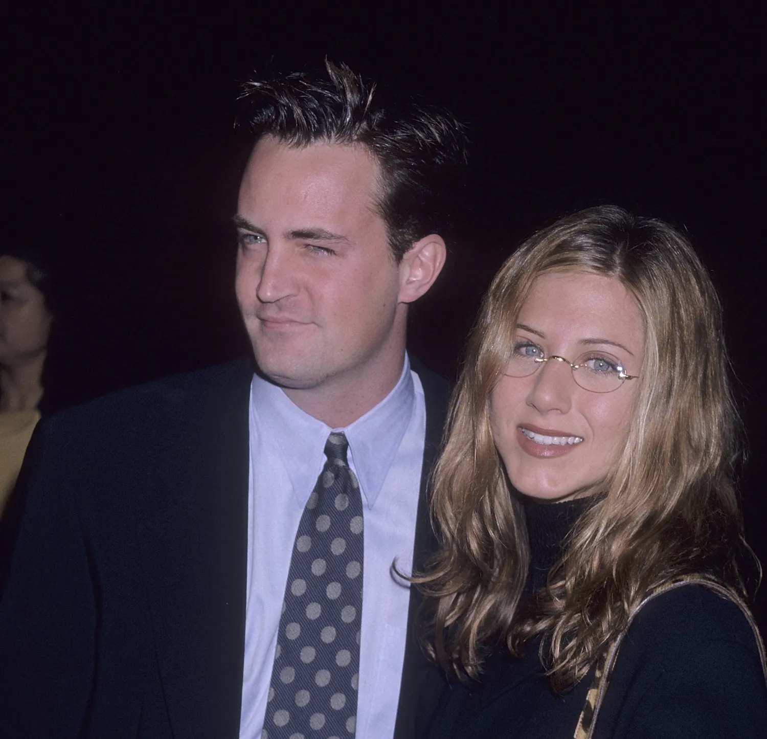 Matthew Perry and actress Jennifer Aniston attend the "Kissing a Fool" Westwood Premiere on February 18, 1998
