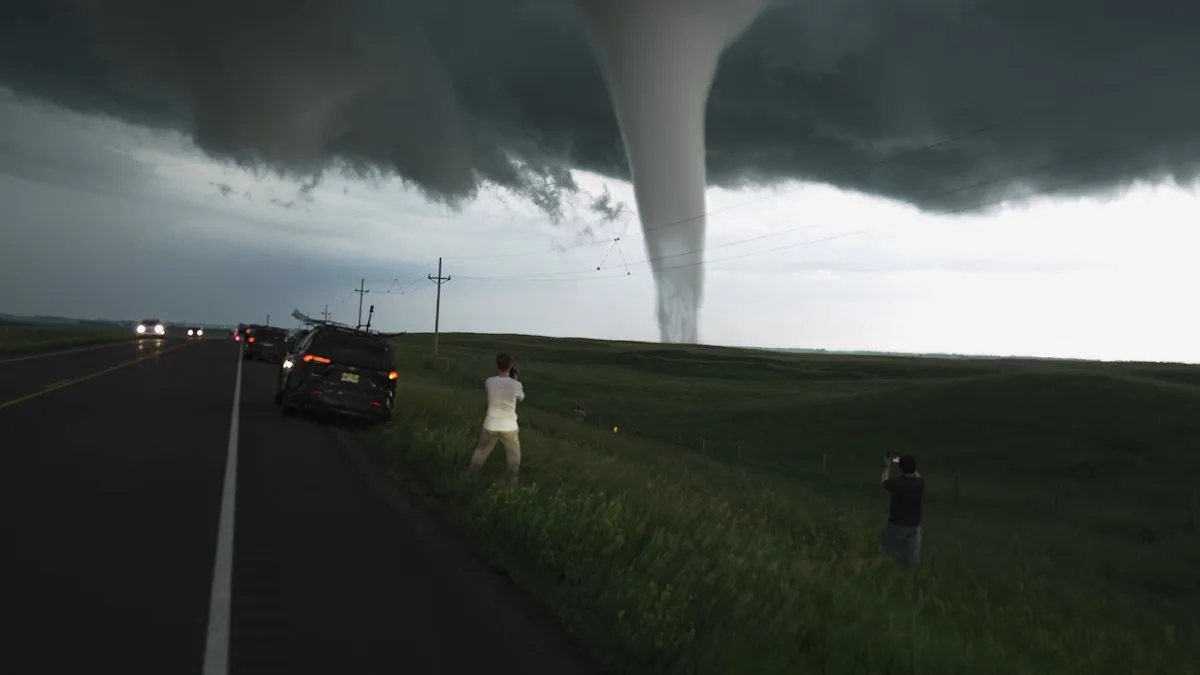 Photo of a tornado touching down with people watching in the foreground