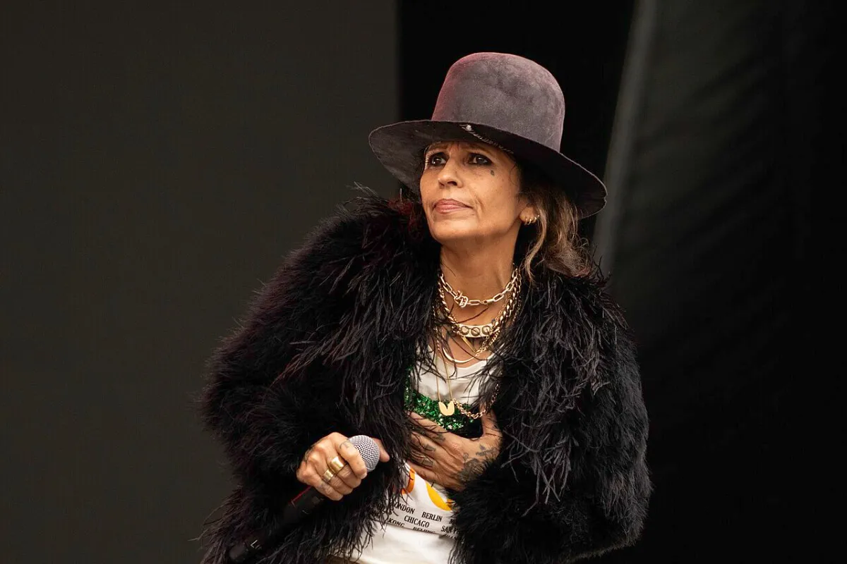 Linda Perry wears a hat and a fur coat. She holds a microphone.