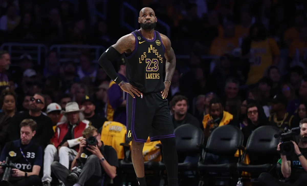 Los Angeles Lakers forward LeBron James looks on against the Oklahoma City Thunder in game four of the second round of the NBA playoffs