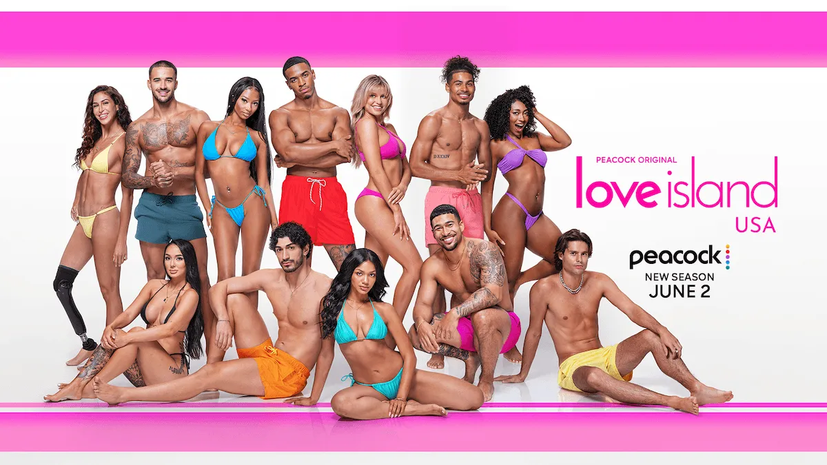 Group photo of the 'Love Island USA' Season 8 cast wearing bikinis and swim trunks