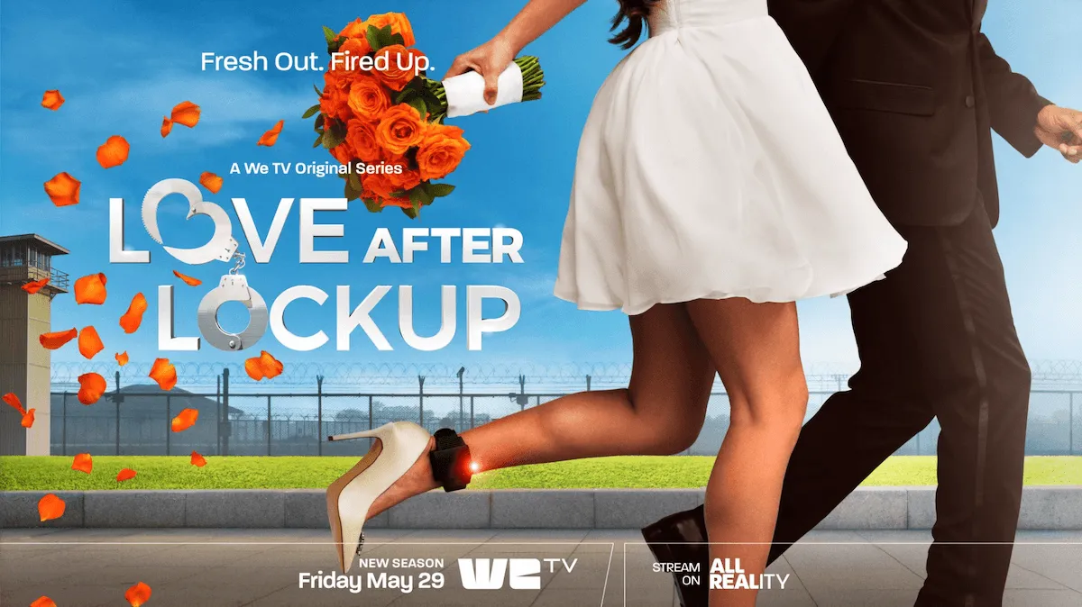Love After Lockup key art featuring lower half of a woman holding a bouquet and wearing a short white wedding dress