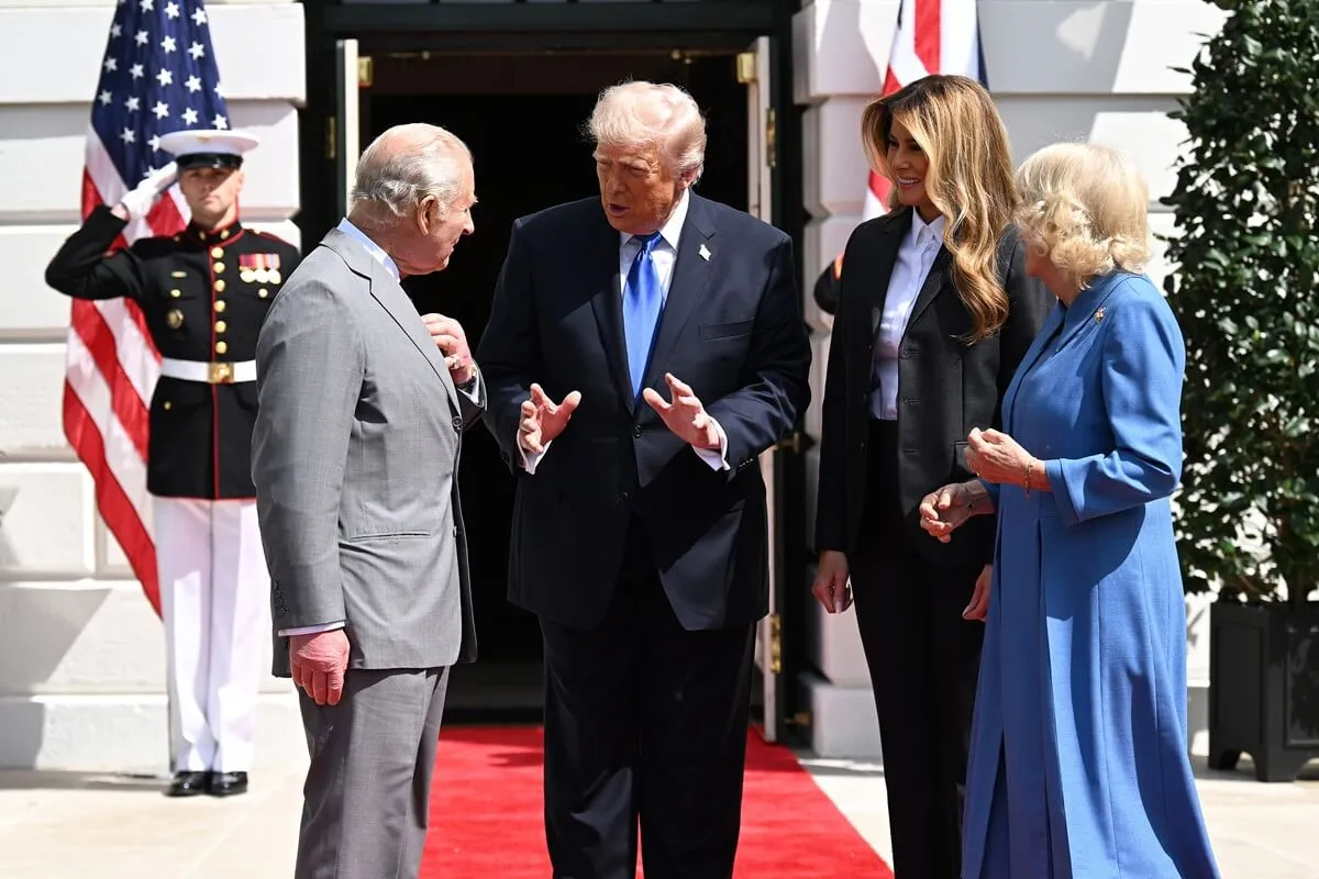 Queen Camilla, King Charles III, U.S. President Donald Trump and First Lady Melania Trump are seen during farewell ceremony at the White House