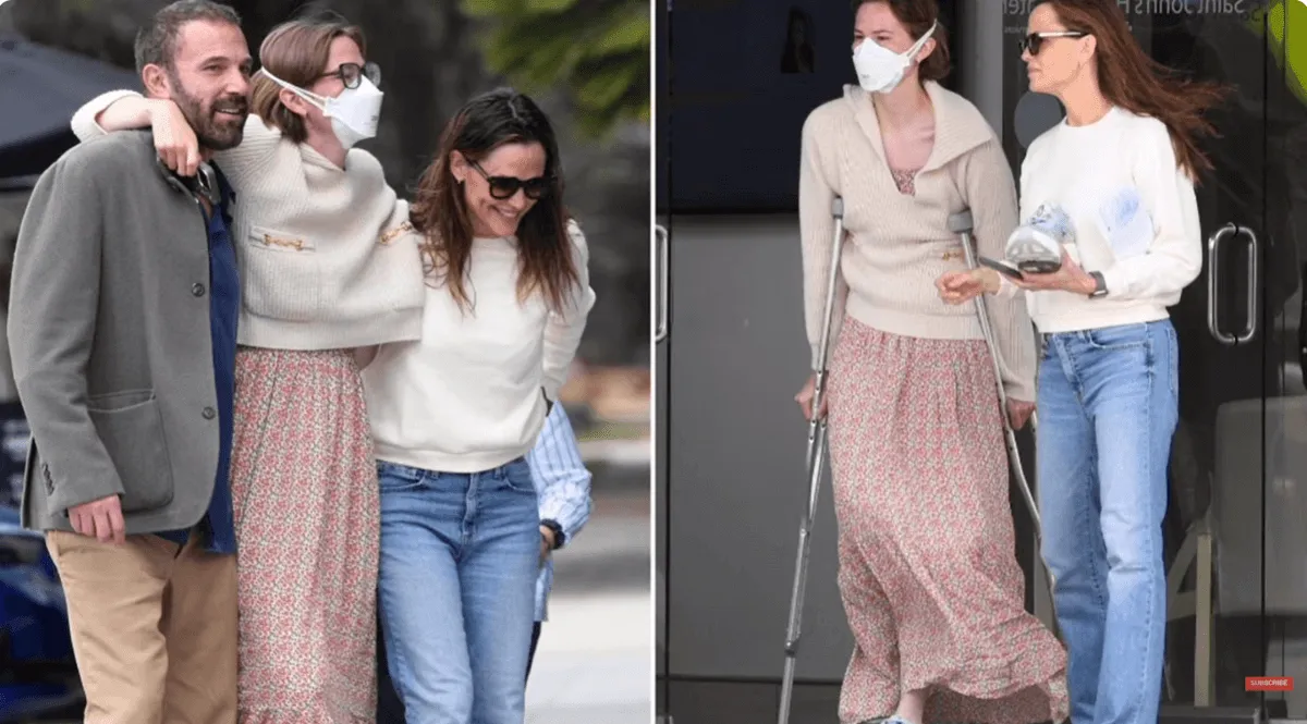 Screenshot of Jennifer Garner and Ben Affleck escorting daughter, Violet, to the urgent care center