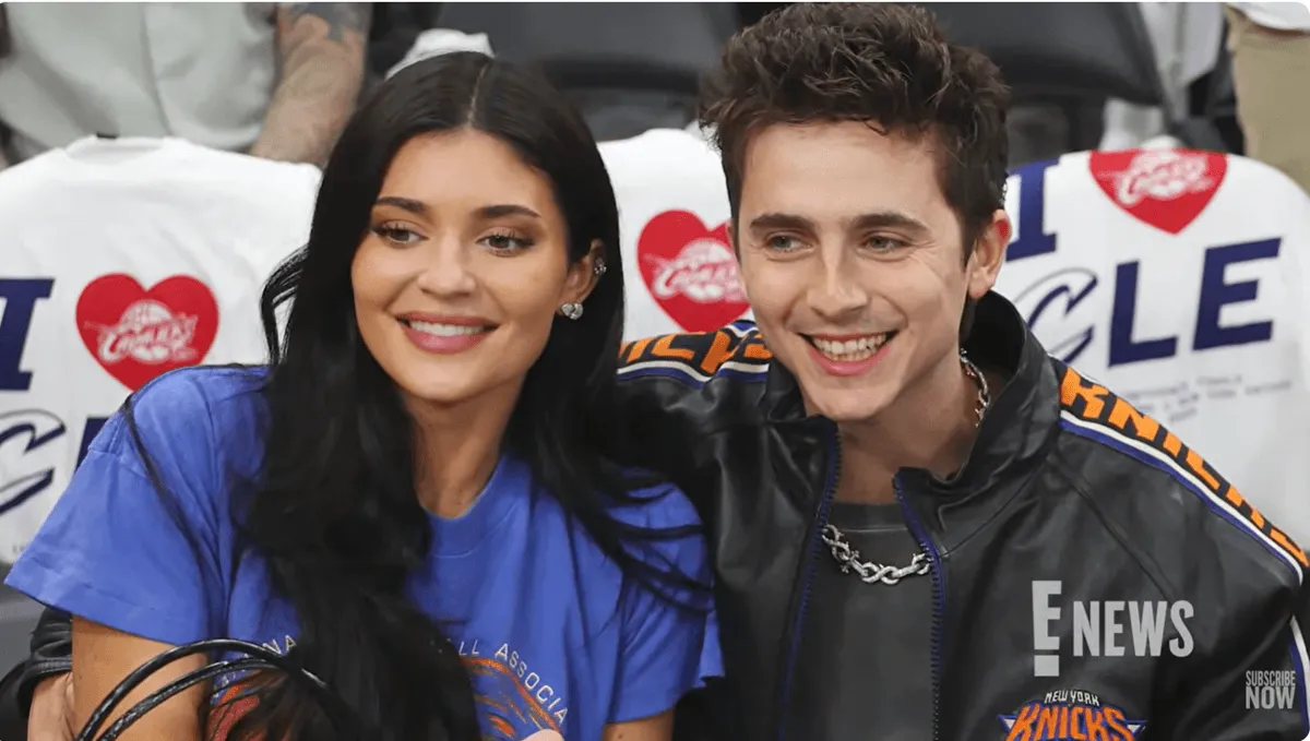 Screenshot of Kylie Jenner and Timothee Chalamet sitting courtside for New York Knicks game