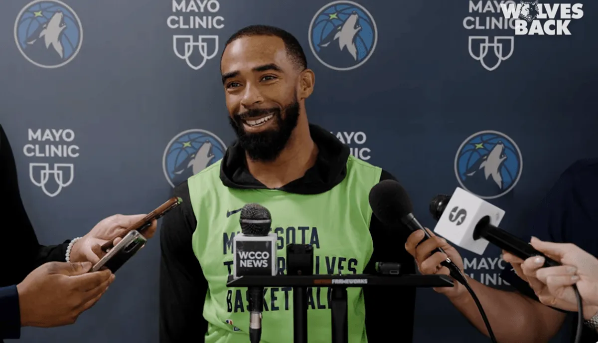 Screenshot of Mike Conley speaking with the media following a playoff game