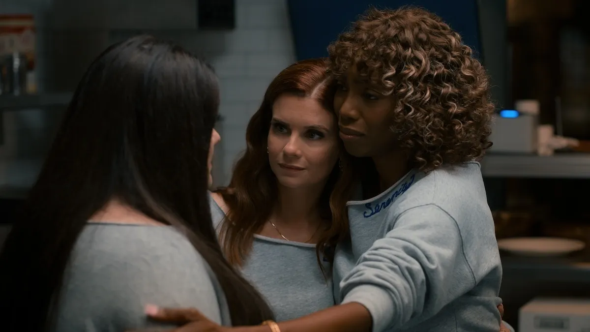 Dana Sue, Maddie, and Helen, all dressed in gray, in 'Sweet Magnolias' Season 5