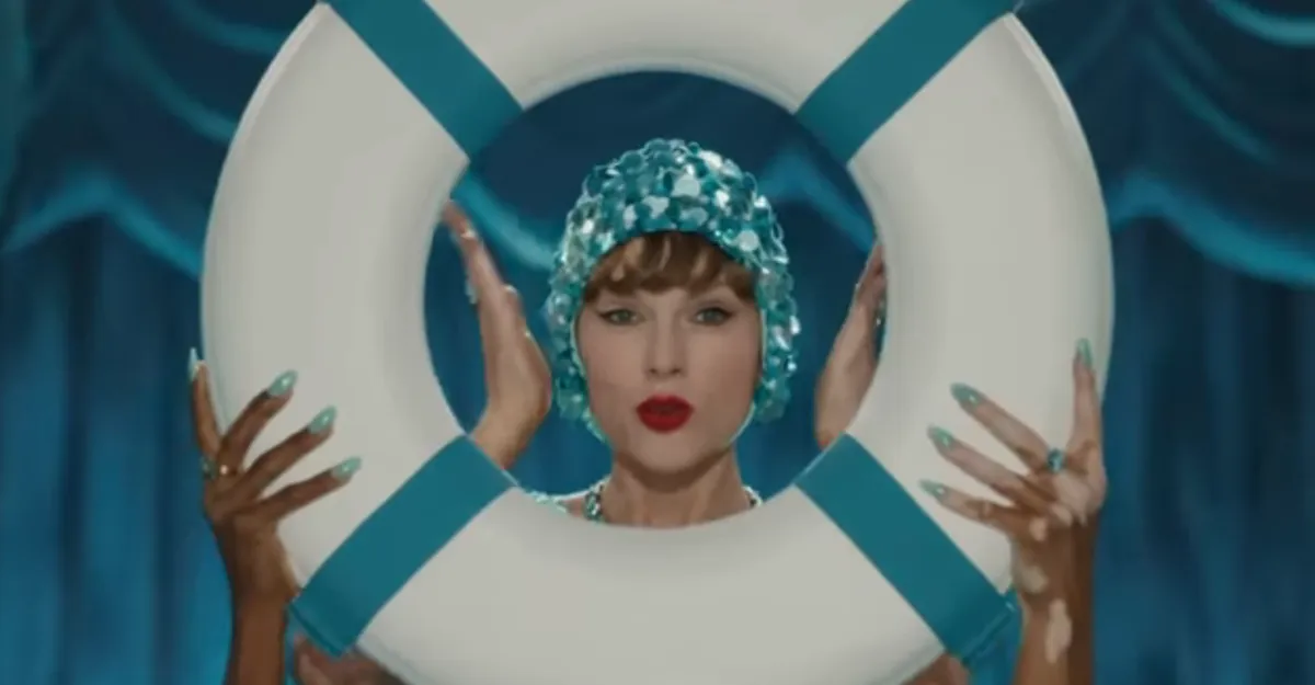 Taylor Swift with her head in a life preserver