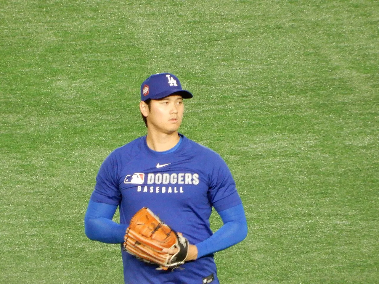 Shohei Ohtani is seen ahead of a baseball game.