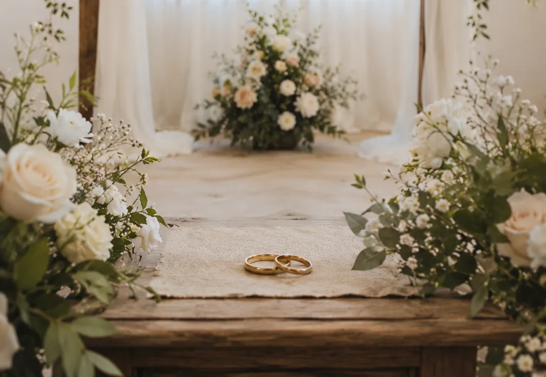 wedding rings in front of flowers