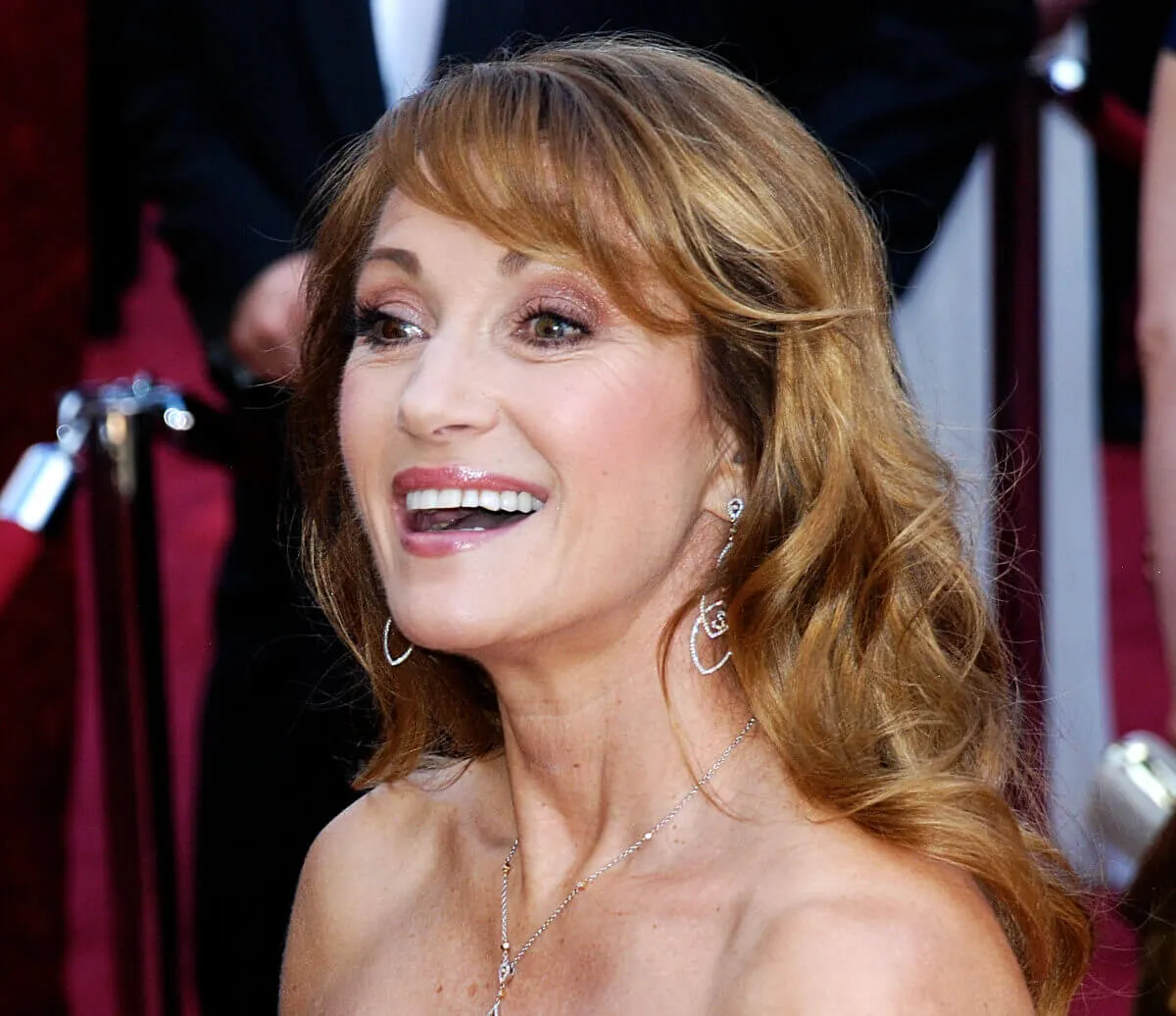 Jane Seymour wears a strapless dress.