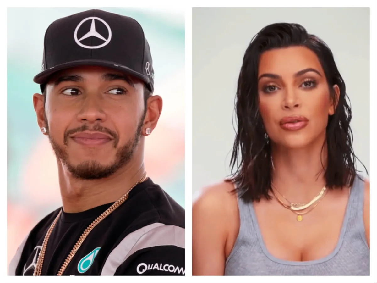 Lewis Hamilton wears a baseball hat and a black shirt. Kim Kardashian wears a gray tank top.