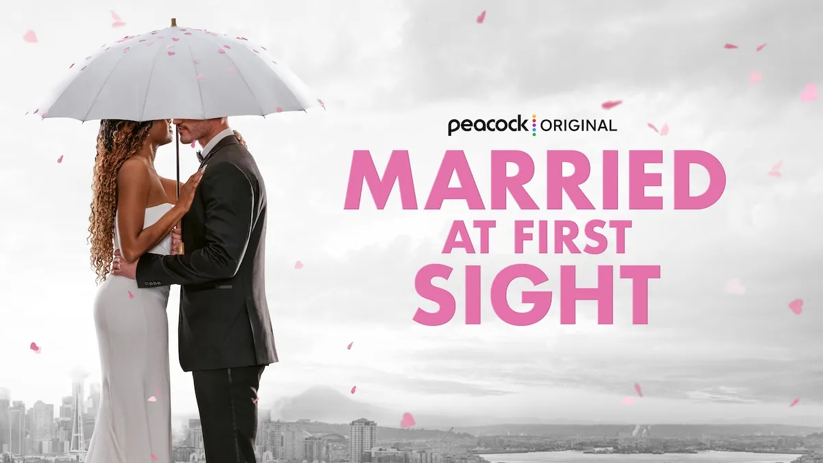 Key art for 'Married at First Sight' Season 20 with a couple standing under a white umbrella