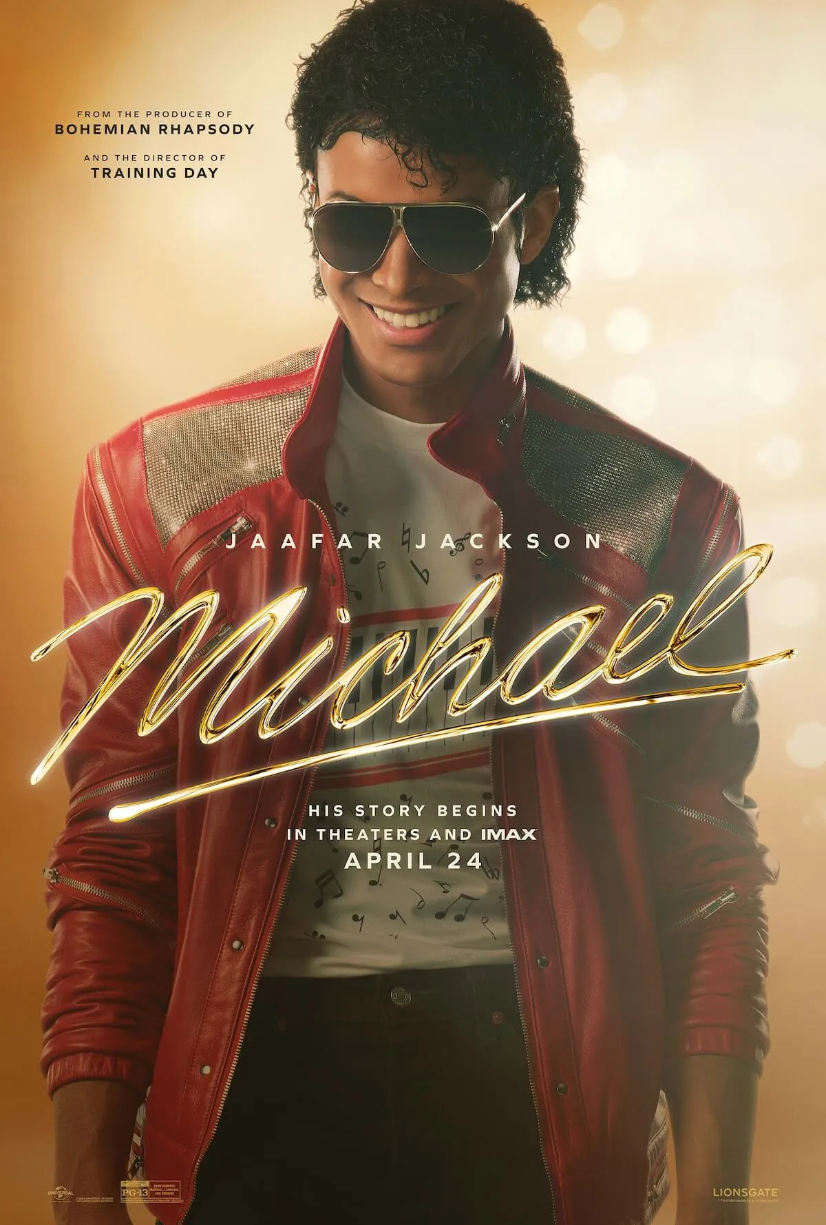 'Michael' movie poster with Jaafar Jackson as Michael Jackson in red jacket and sunglasses