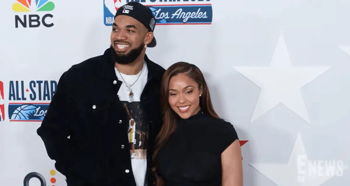 Screenshot of Karl-Anthony Towns and Jordyn Woods at a 2026 NBA All-Star event
