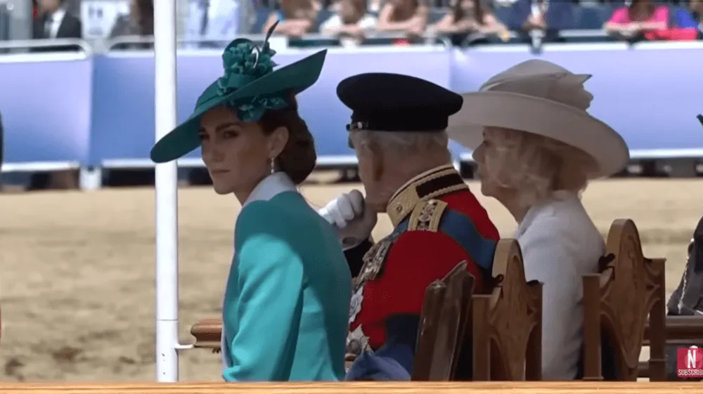 Screenshot of Kate Middeton sitting next to King Charles and Queen Camilla during 2025 Trooping the Colour