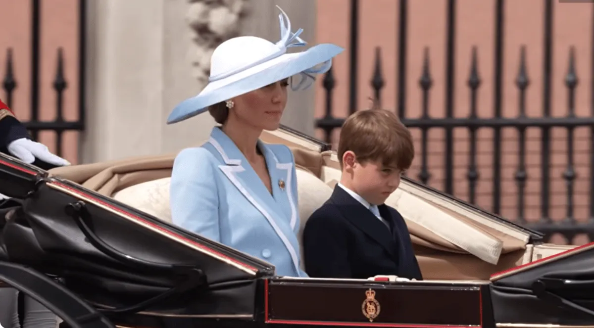 Screenshot of Kate Middleton and Prince Louis in carriage during 2026 Trooping the Colour