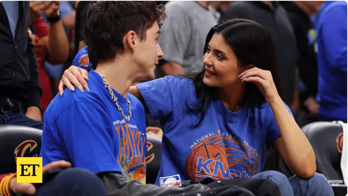 Screenshot of Kylie Jenner and Timothee Chalamet at New York Knicks playoff game