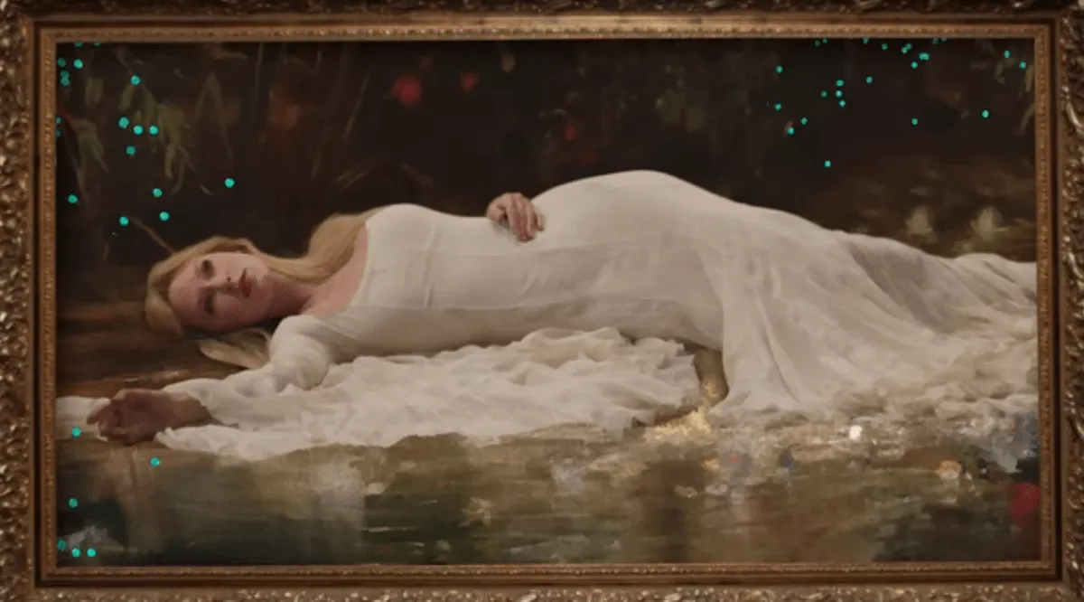 Taylor Swift lying on the ground in a white dress