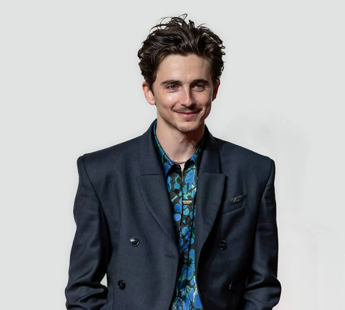 Timothee Chalamet wears a blue shirt and a suit jacket.