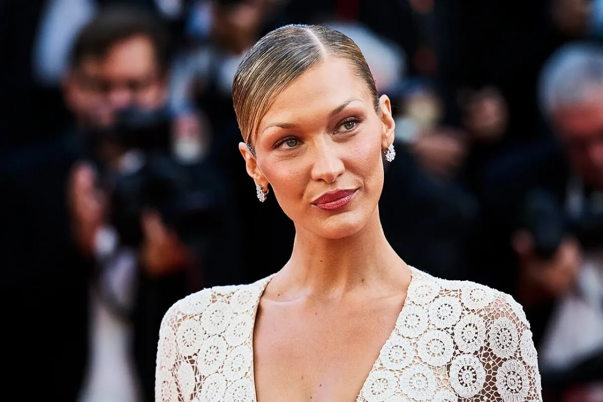 Bella Hadid wears a white dress.