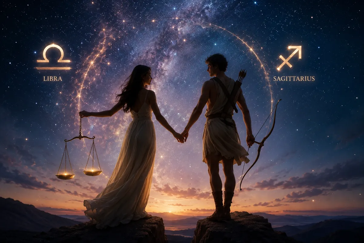 An artistic illustration depicts the zodiac signs Libra and Sagittarius beneath a star-filled sky, symbolizing their romantic compatibility, balance, and adventurous spirit.