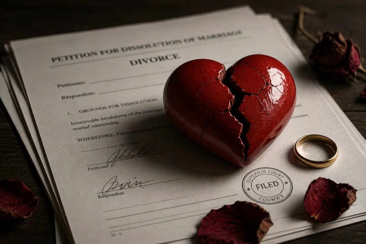 An illustration of divorce papers and a broken heart