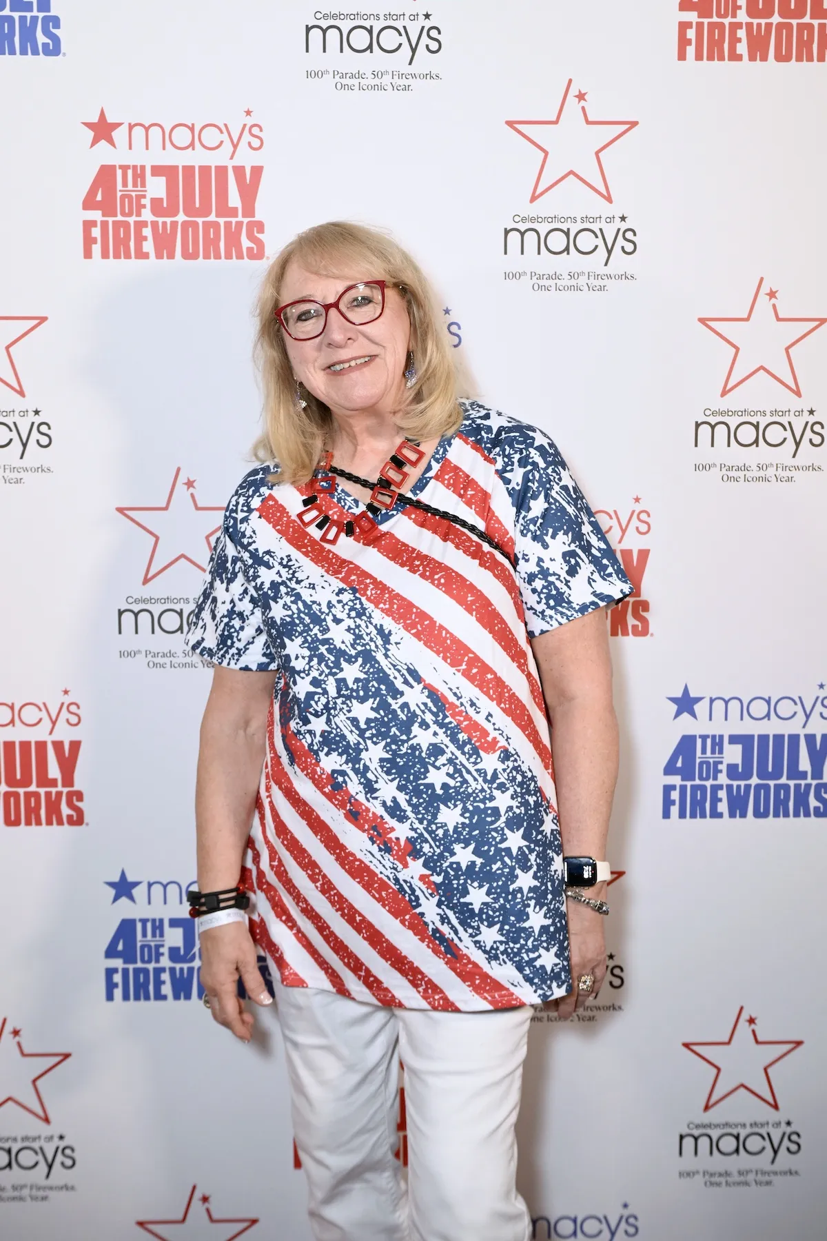 Donna Kelce in an American-flag themed shirt at the Macy's 50th 4th of July event