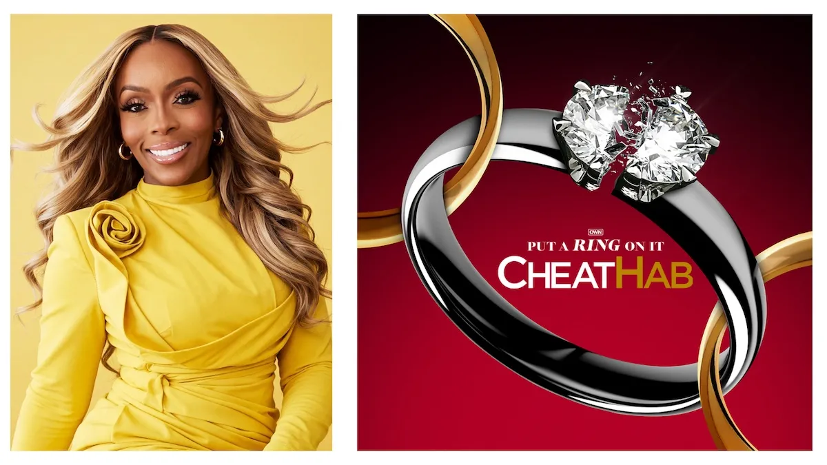 Portrait of Dr Stacii Jae Johnson dressed in yellow against a yellow background next to the key art featuring a diamond ring for 'Put a Ring On It: Cheathab'