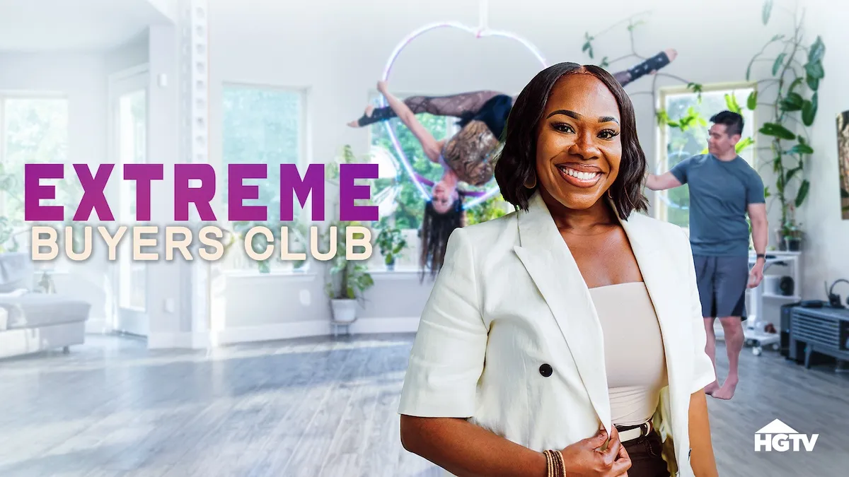 Key art for HGTV's Extreme Buyers Club featuring Noel Collier in a white jacket in front of a woman performing aerial tricks