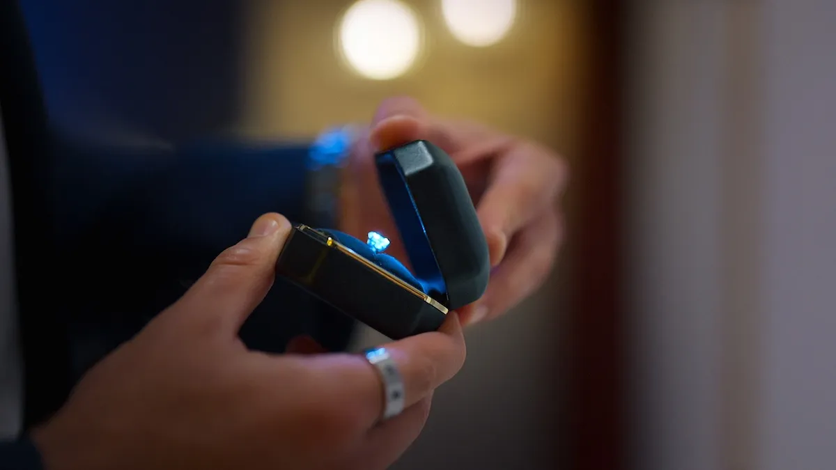Close up of hands holding a ring box from 'Love Is Blind: UK'