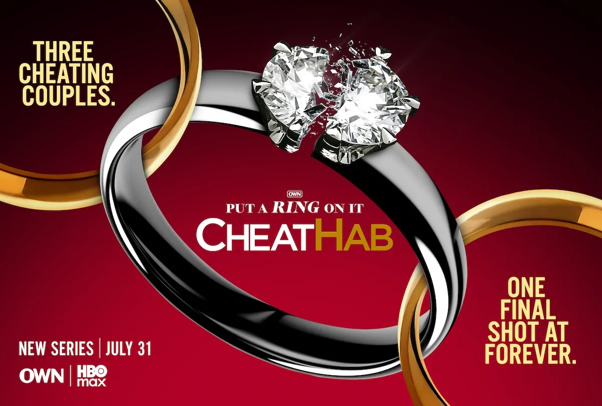 Key art for OWN's 'Put a Ring On It: Cheathab' featuring a broken diamond engagement ring