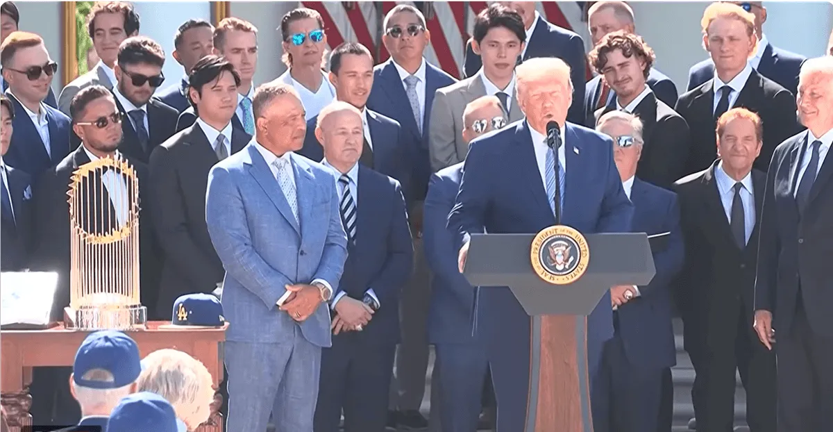 Screenshot of Donald Trump hosting the Los Angeles Dodgers at the White House