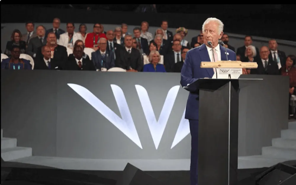 Screenshot of King Charles giving a speech at the Commonwealth Games
