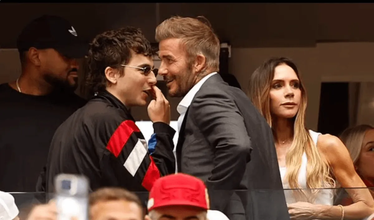 Screenshot of Timothee Chalamet and David Beckham at World Cup match between France and Spain