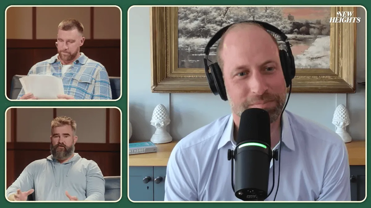 Screenshot of Travis Kelce, Jason Kelce, and Prince William on 'New Heights' podcast