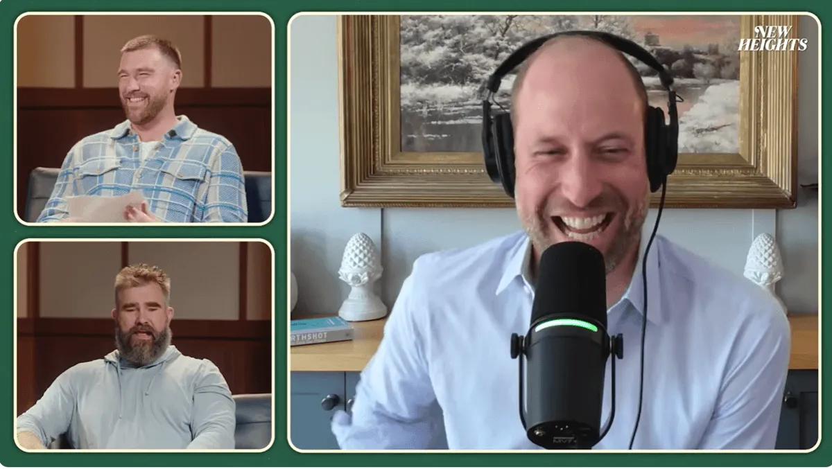 Screenshot of Travis Kelce, Jason Kelce, and Prince William on the 'New Heights' podcast