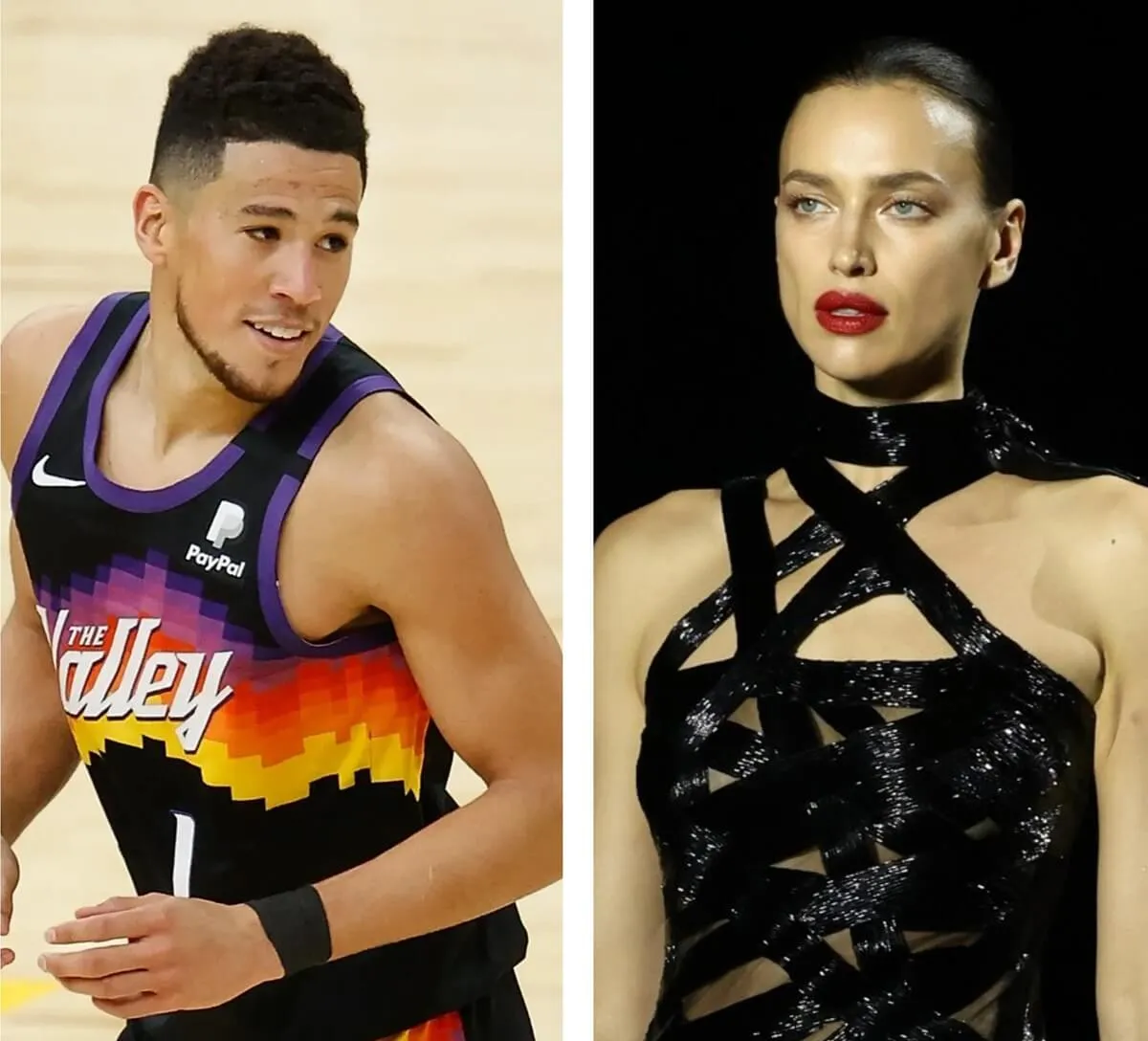 Side by side images of Devin Booker and Irina Shayk