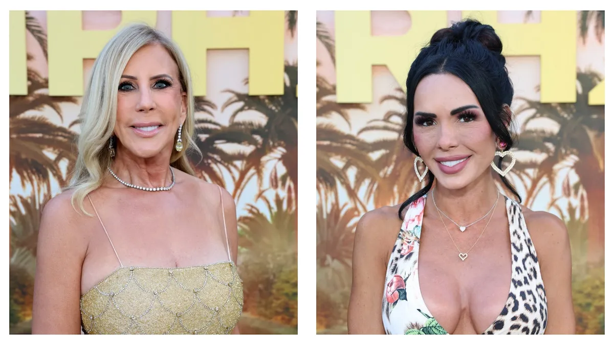 Side by side portraits of Vicki Gunvalson and Carmella Garcia at the RHOC Season 20 premiere
