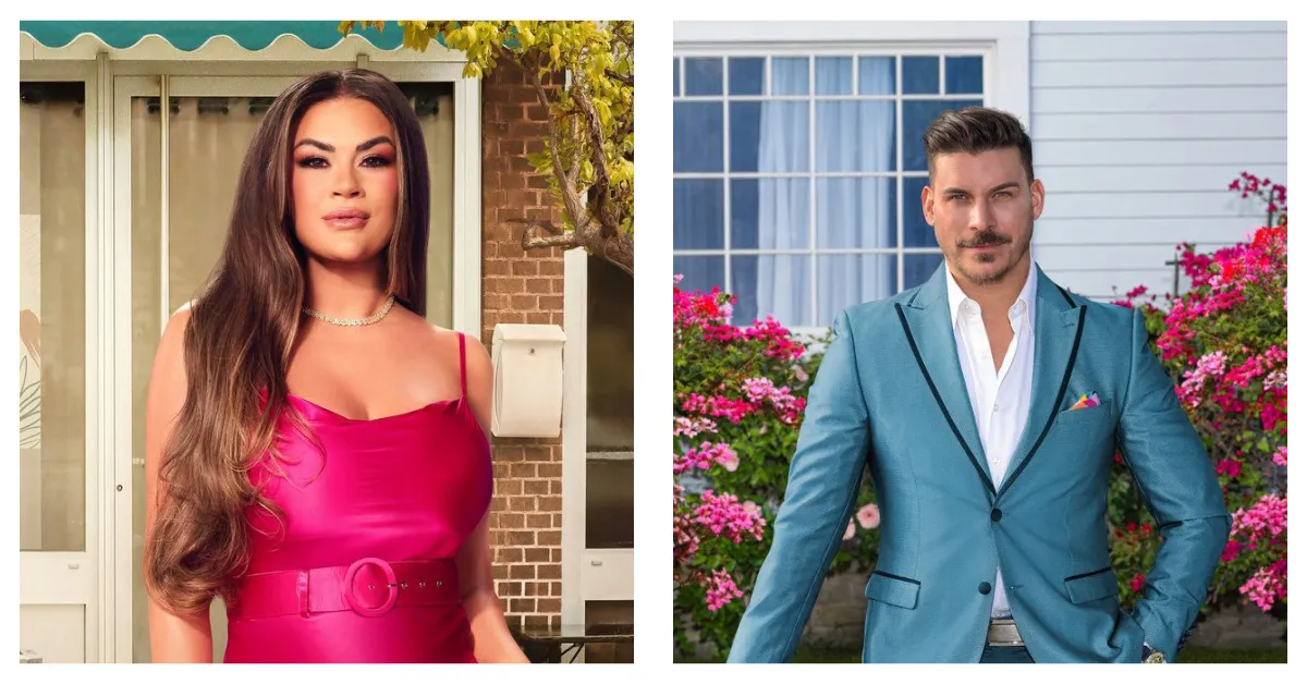 Brittany Cartwright in a bright pink dress next to a photo of Jax taylor in a blue jacket