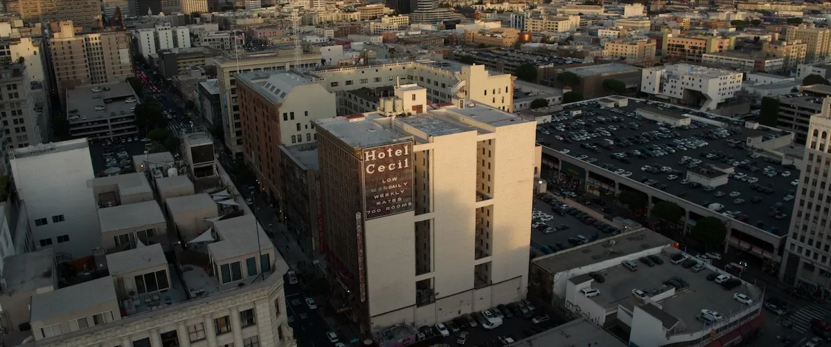 Aerial view of The Cecil Hotel in Los Angeles