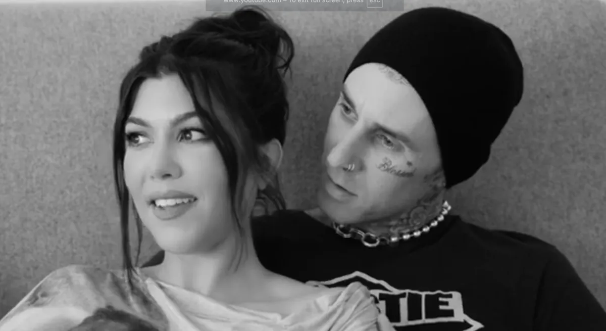 Black and white image of Kourtney Kardashian and Travis Barker