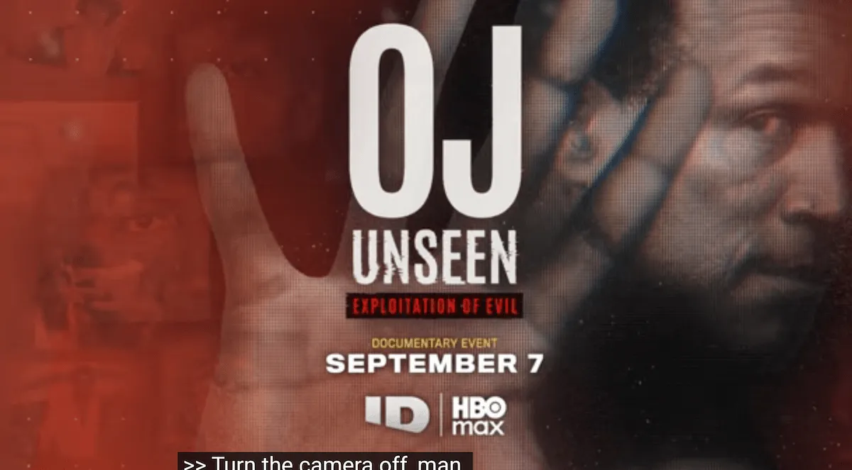 OJ Simpson with his hand to the camera behind white text realing 'OJ Unseen'
