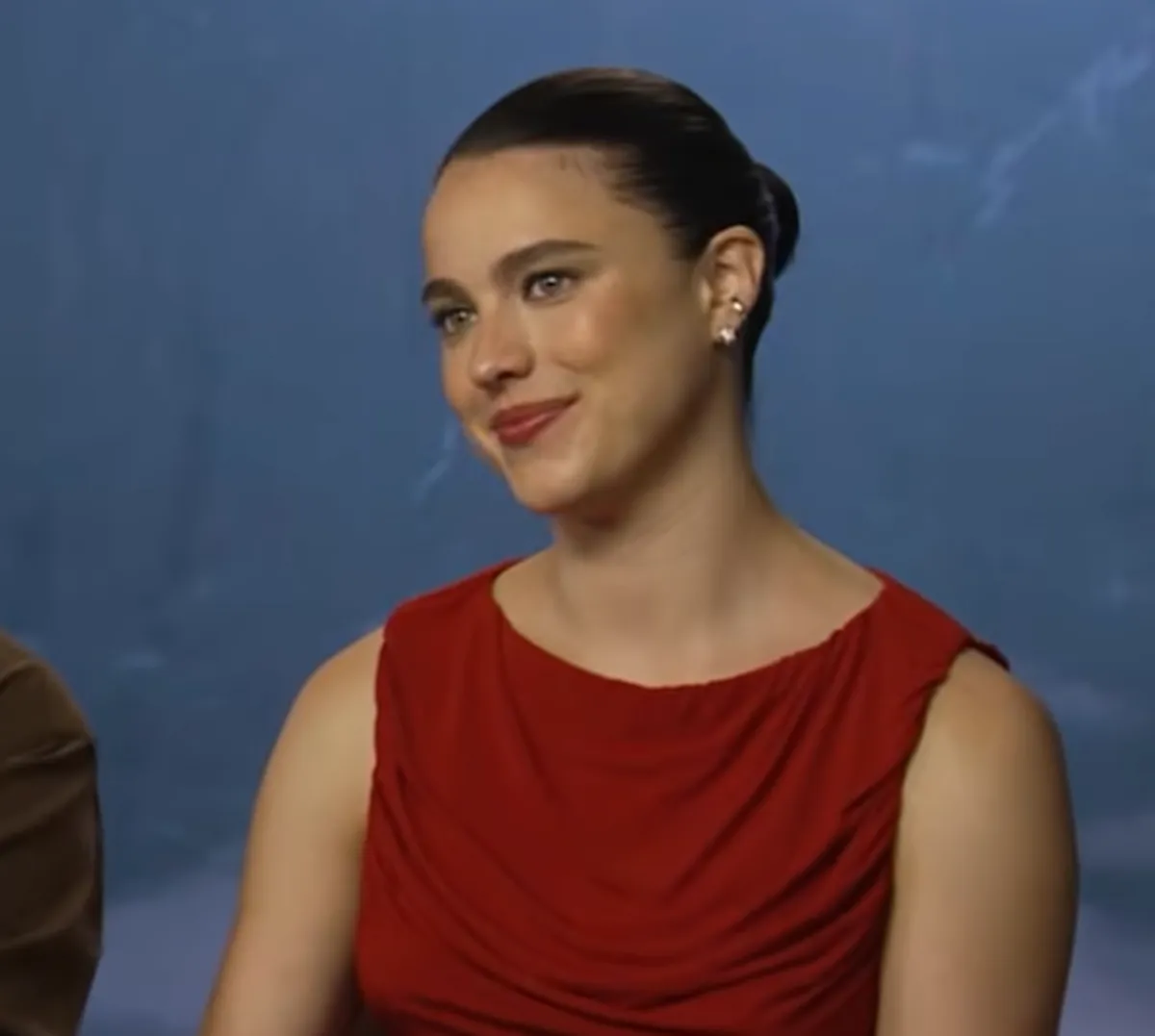 Margaret Qualley sits for an interview on 'Screen Off Script' during the press tour for 'The Dog Stars'