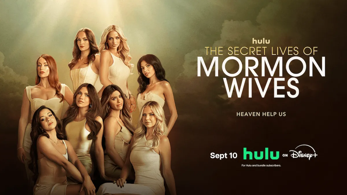 Key art for 'The Secret Lives of Mormon Wives' Season 5 featuring all the cast members dressed in white