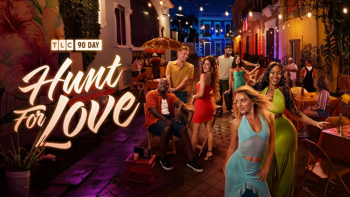 Key art for '90 Day: Hunt for Love' Season 2 featuring Michael Ilesanmi and other cast members on a street in Puerto Rico