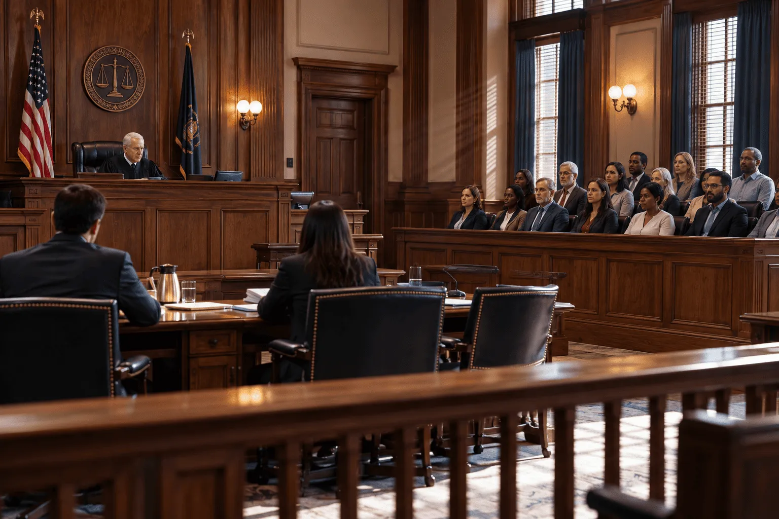A view of a courtroom complete with a jury