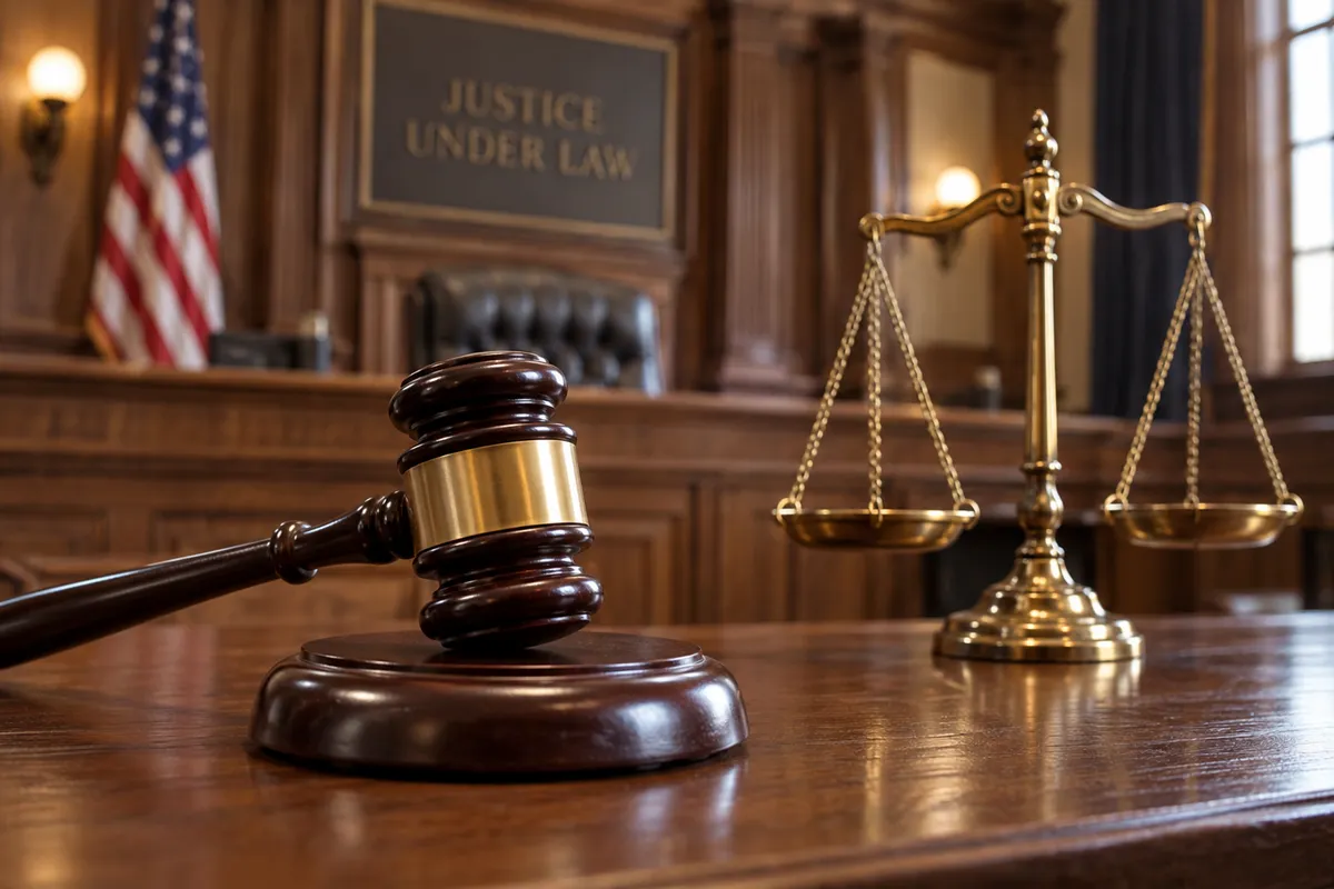 A courtroom featuring a gavel and the scales of justice